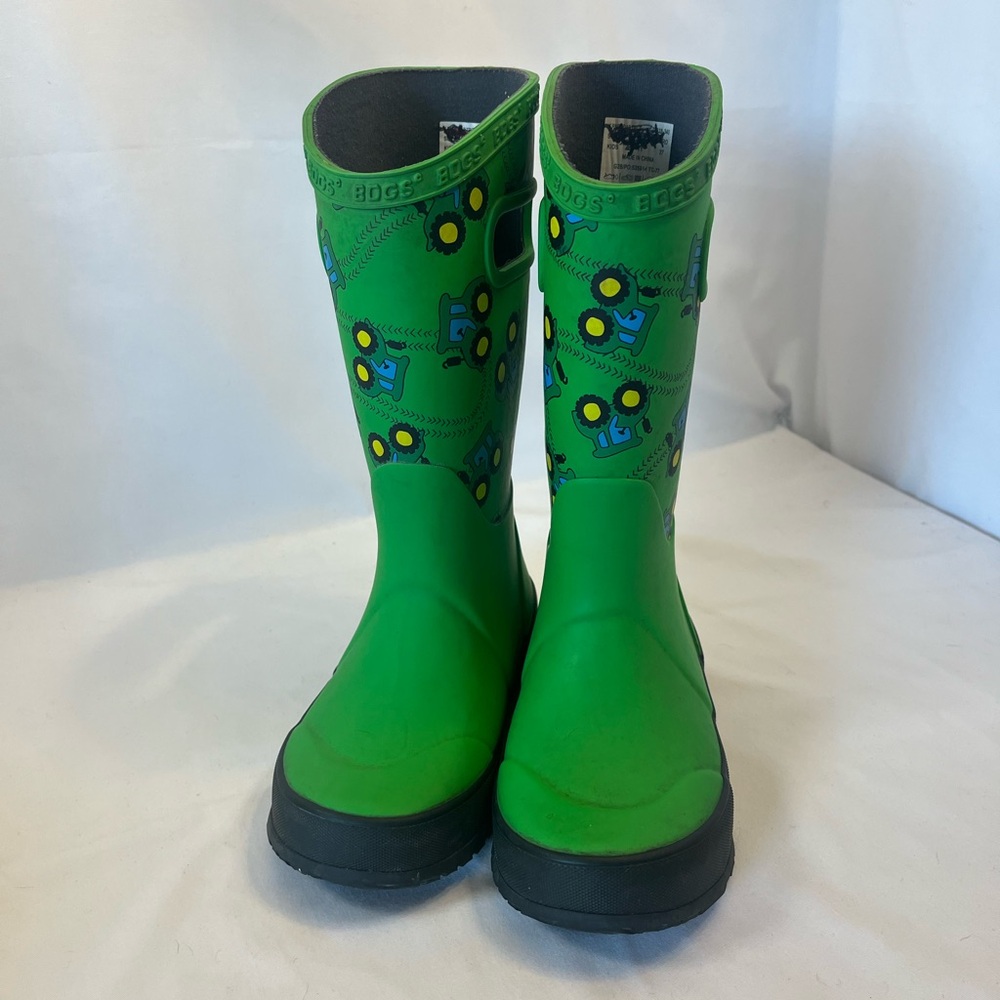 Bogs Green Kids Rain Boots with Tractor Design